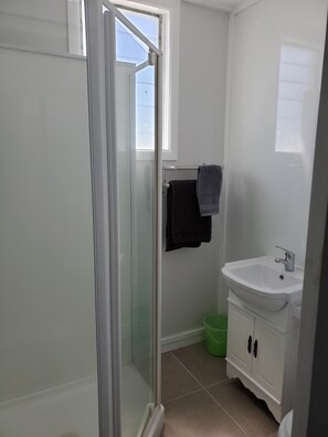Un baño con cabina de ducha de vidrio, un lavabo blanco y un bote de basura verde.