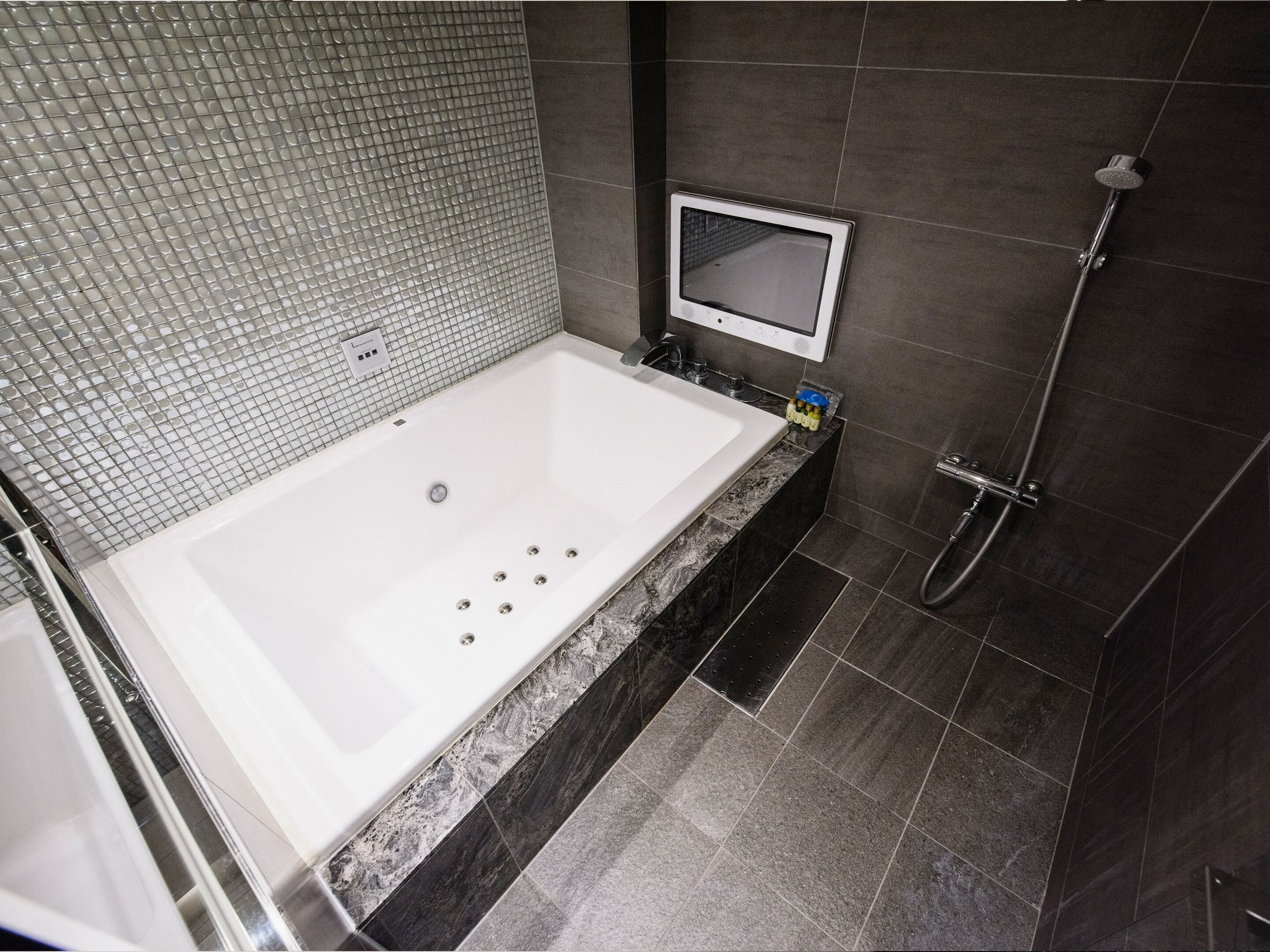 hair dryer, slippers, electronic bidet, towels