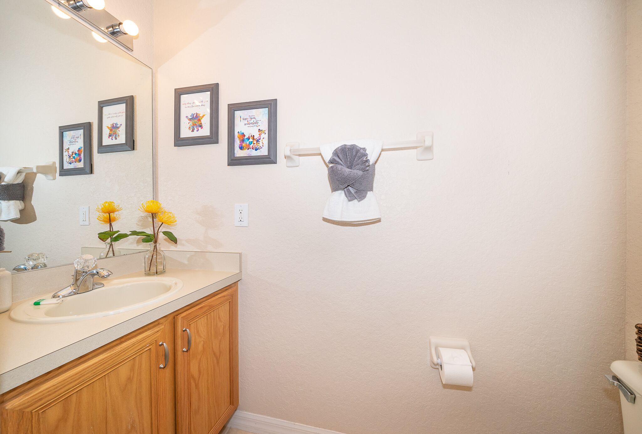 A bathroom with a sink, mirror, framed pictures, and a towel rack.
