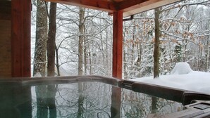 A hot tub with a glass enclosure, surrounded by snow-covered trees and a wooden structure.