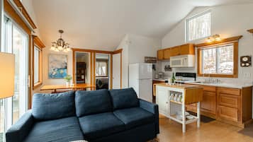 Smart TV, fireplace, books, stereo