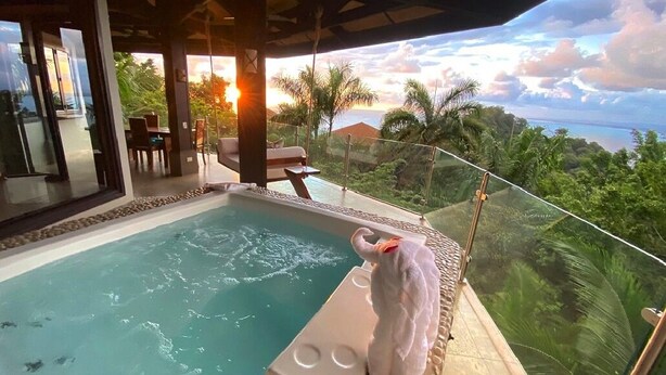 Una piscina con una estatua de elefante blanco, rodeada de exuberante vegetación y una vista panorámica del océano al atardecer.