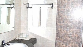 Shower, free toiletries, hair dryer, towels