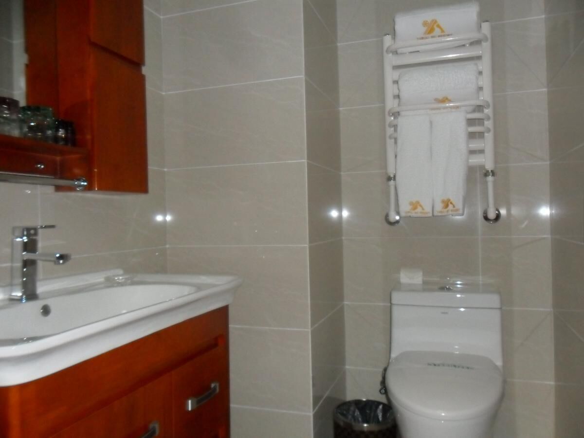 A bathroom with a sink, mirror, cabinet, toilet, and towel rack.