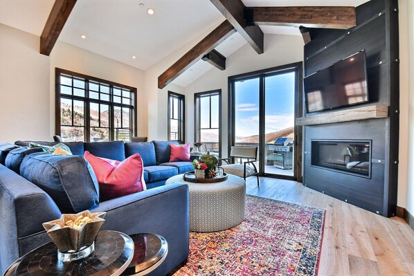 Smart TV, fireplace, video games, DVD player