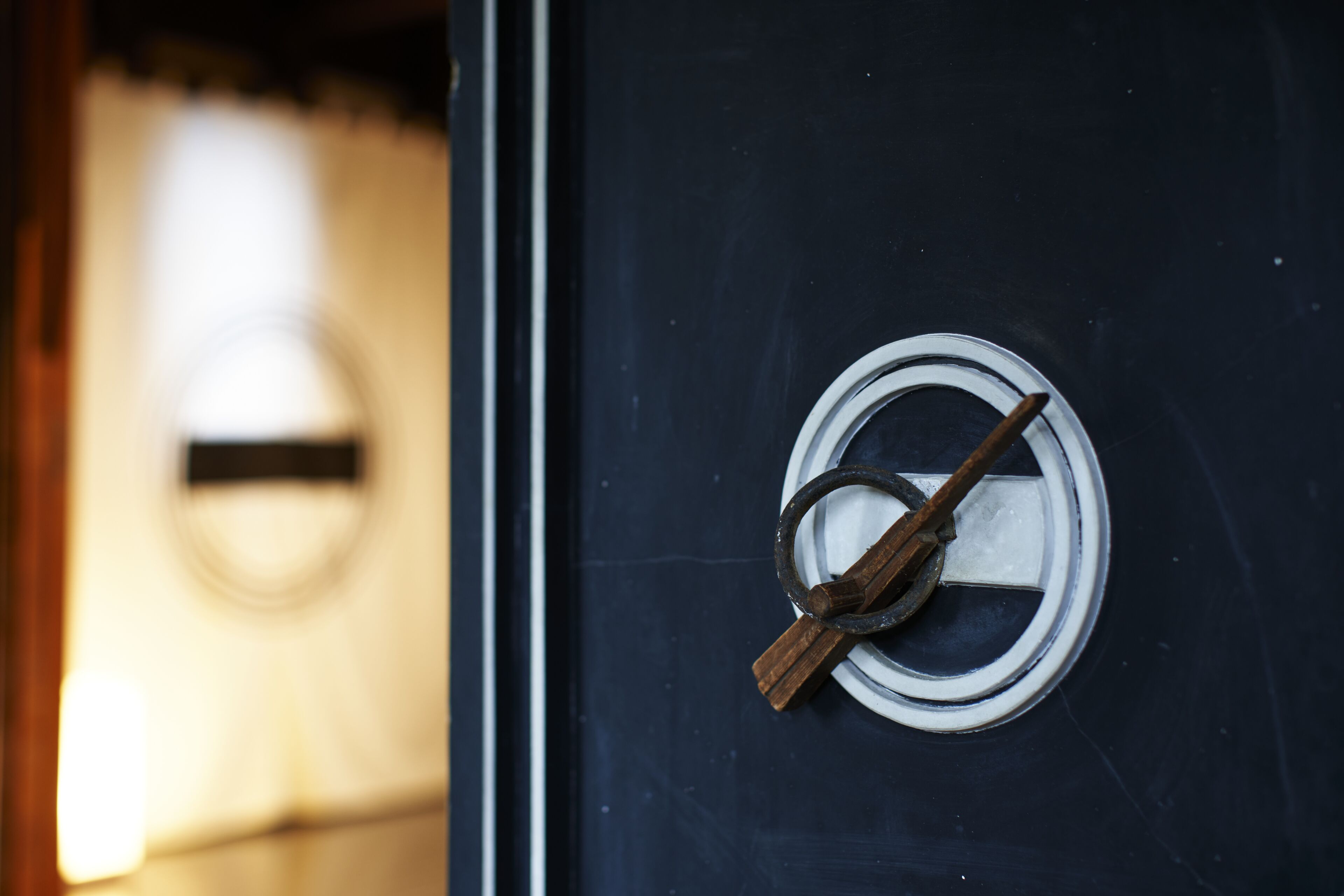 Primer plano de un pomo de puerta con diseño circular, un aro metálico y una palanca de madera.