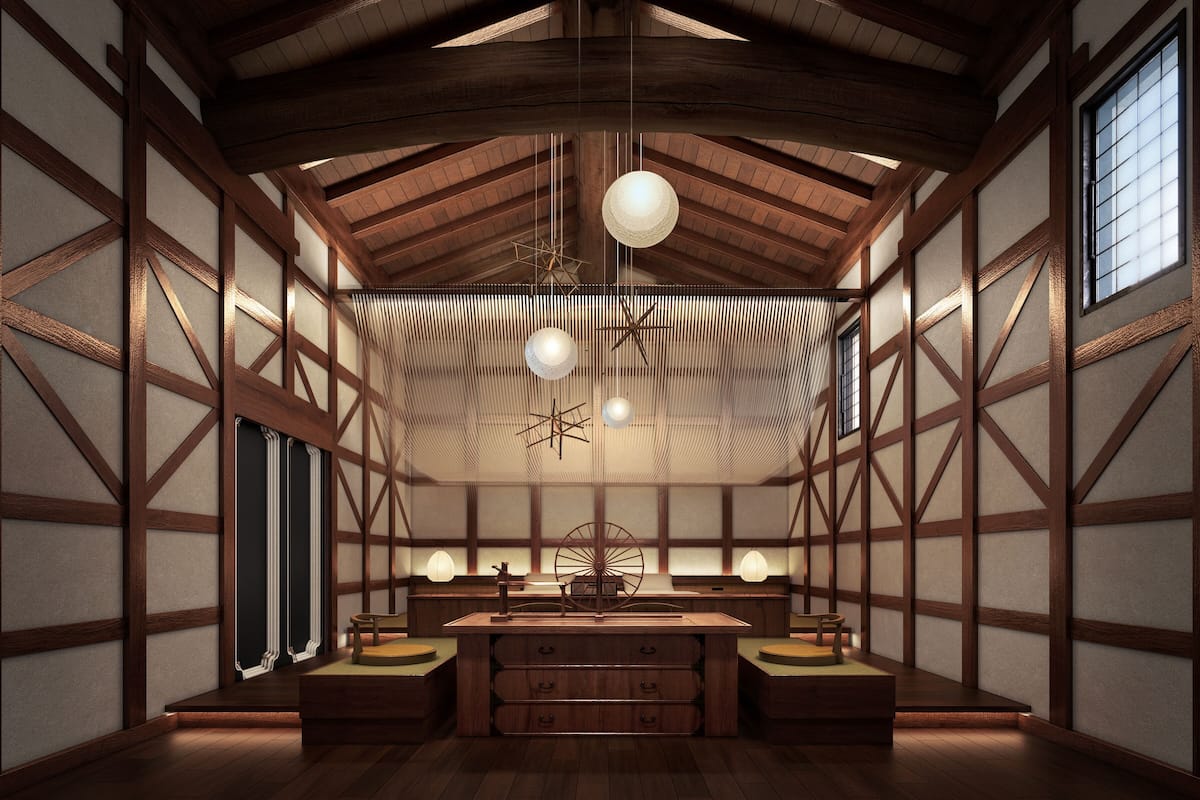 Ett traditionellt japanskt rum med tatamimattor på golvet, träbjälkar i taket och skjutdörrar.