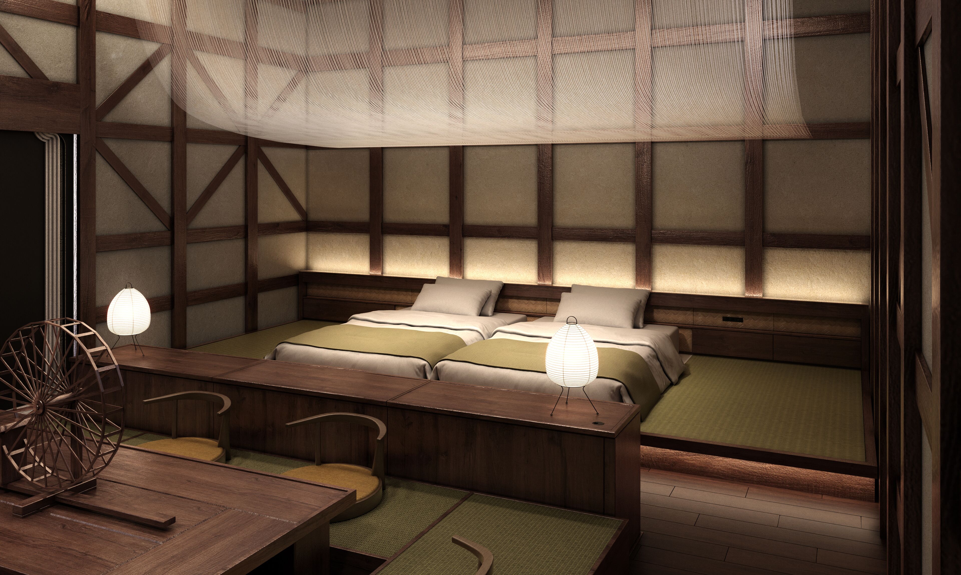 Een traditionele Japanse kamer met tatami vloer, een laag houten bed met kussens, een houten bureau met stoel en een hangende papieren lantaarn.