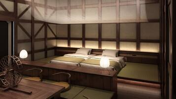 Een traditionele Japanse kamer met tatami vloer, een laag houten bed met kussens, een houten bureau met stoel en een hangende papieren lantaarn.