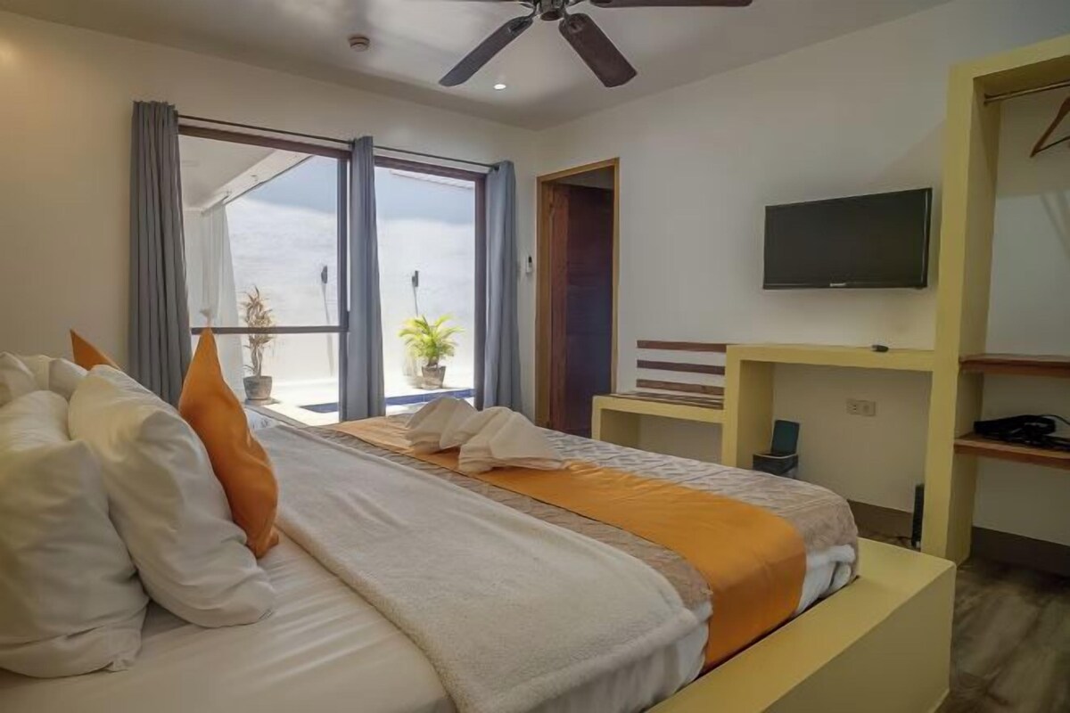 Une chambre d’hôtel moderne équipée d’un lit, d’une télévision, d’un ventilateur de plafond et d’une fenêtre avec des rideaux.