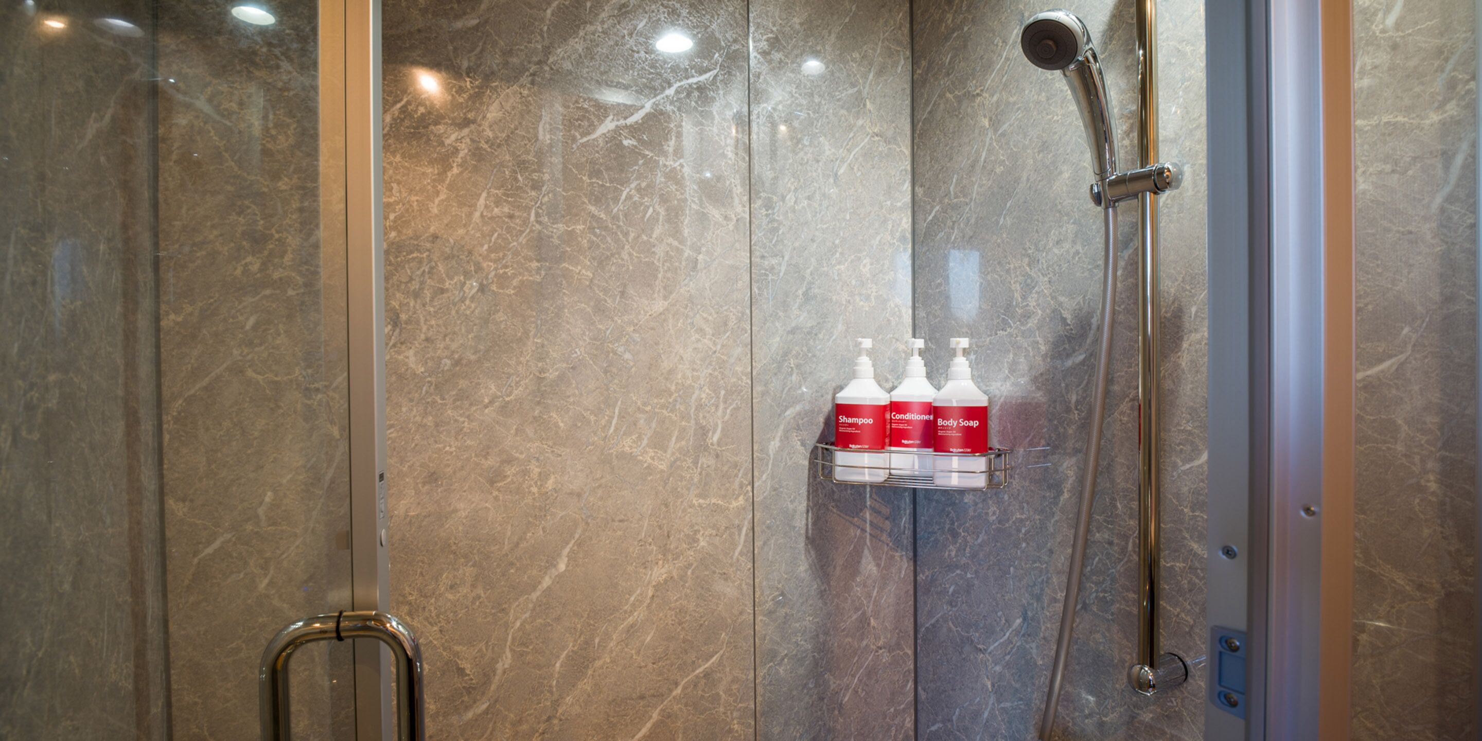 A shower area with a glass door, a handheld showerhead, and a shelf with three bottles of shampoo, conditioner, and body soap.