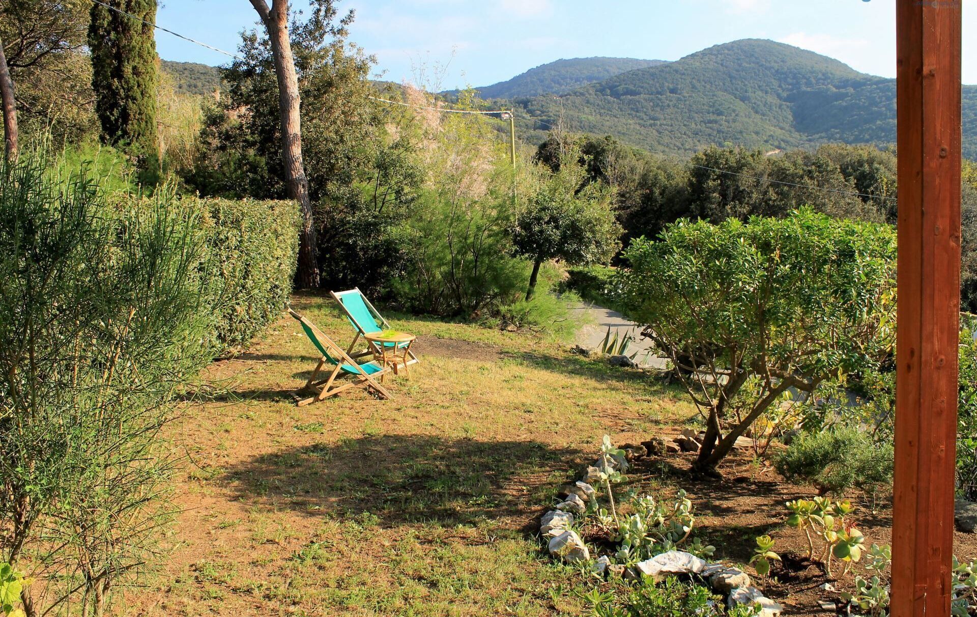 Un jardin avec un banc en bois et une table, entouré de verdure et avec une montagne en arrière-plan.