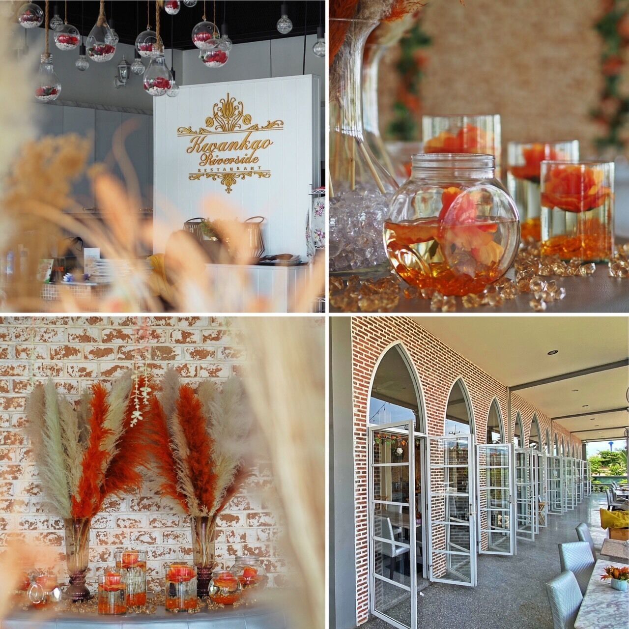 Ein Restaurantinnenraum mit Backsteinwand, dekorativen Gläsern und hängenden Leuchten.