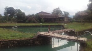 A rustic wooden bridge over a calm pond, surrounded by greenery and a traditional building in the background. - Dream Resort Farm (Lomsaktay)