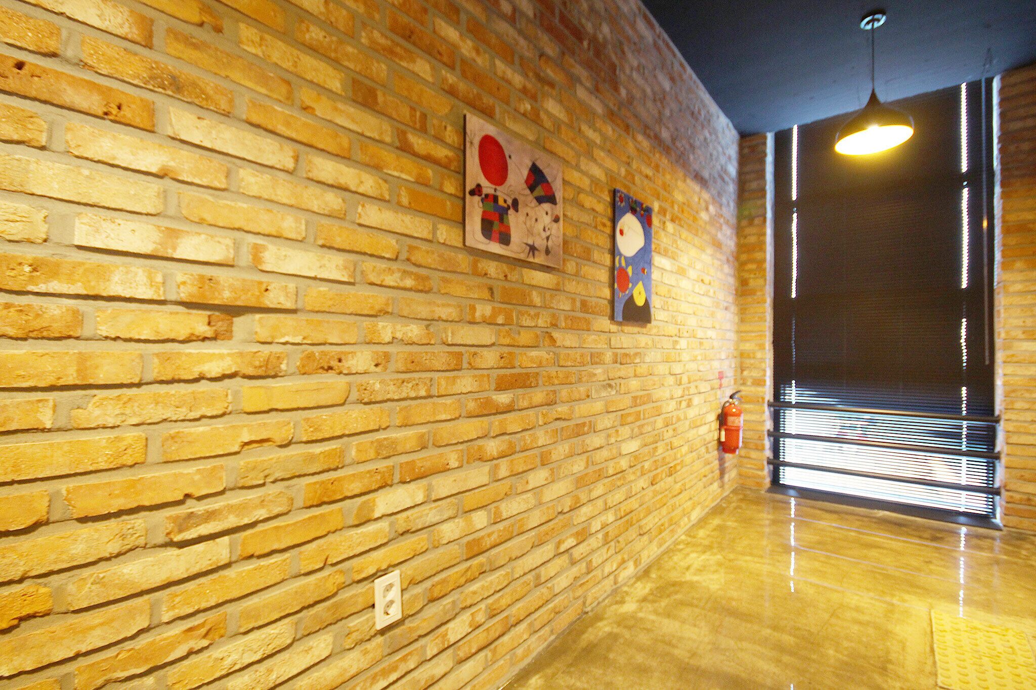 A brick wall with two artworks, a fire extinguisher, and a sliding door.