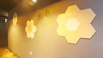 A wall with hexagonal light panels and the word "spring" in English and another language.
