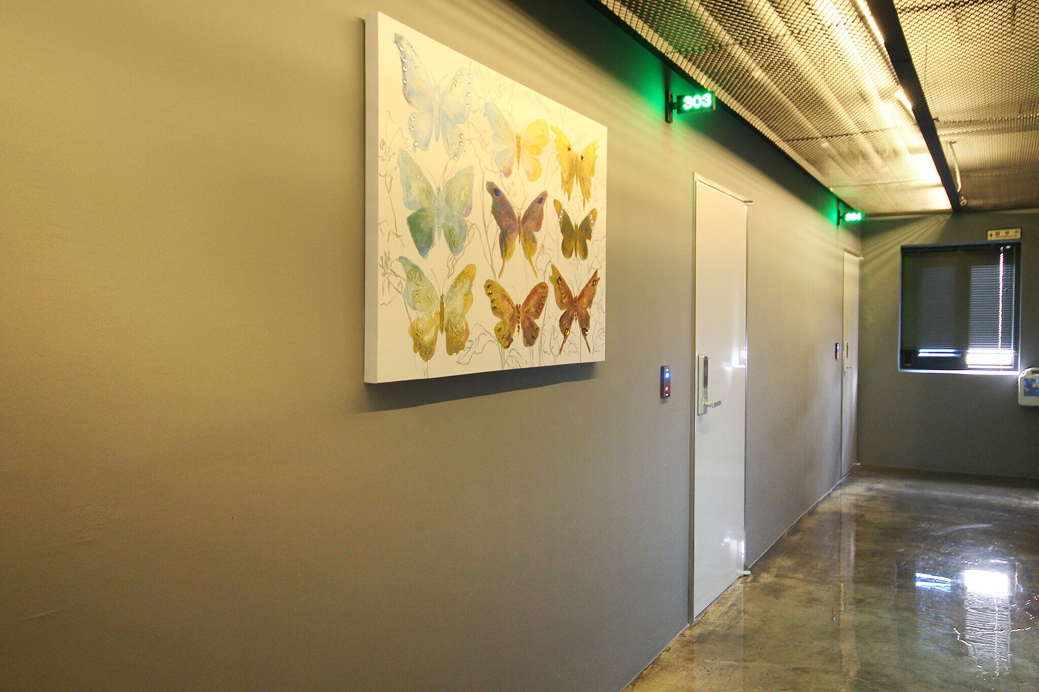 A hallway with a butterfly art installation on the wall, a door, and a window with blinds.