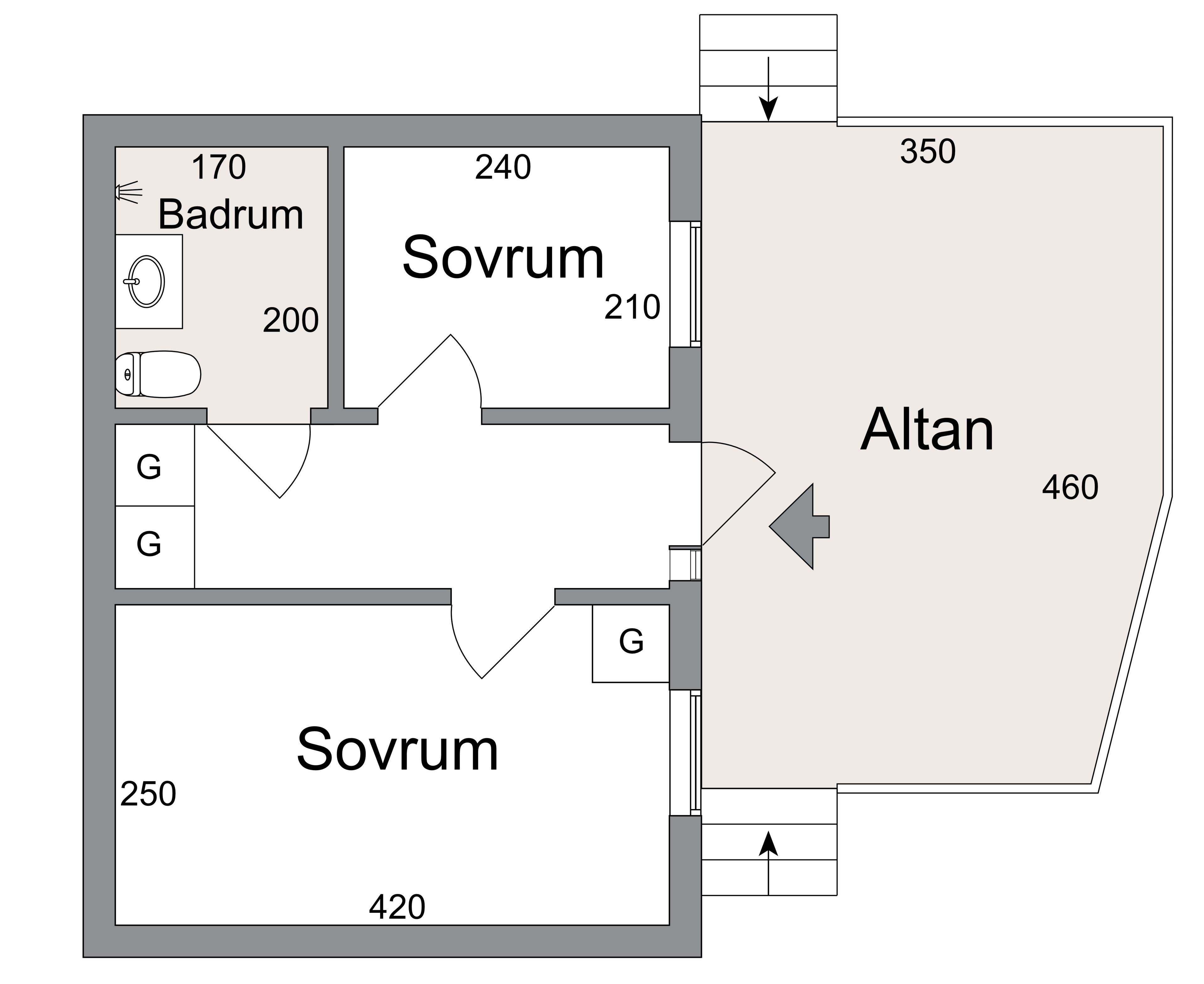 Un plan d’étage comprenant deux pièces appelées « Sovrum », une salle de bain appelée « Badrum » et un espace appelé « Altan » d’une superficie de 460.
