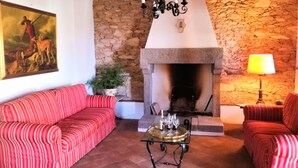 A cozy room with a stone wall, a fireplace, a red striped sofa, and a painting on the wall. - House with private pool and panoramic views 20km from Pisa, 1km from village (Buti)