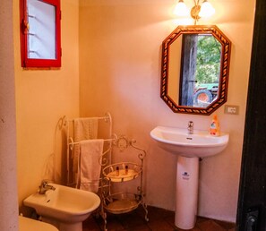 Une salle de bain avec un lavabo blanc, un bidet et un miroir doté d’un cadre orné.