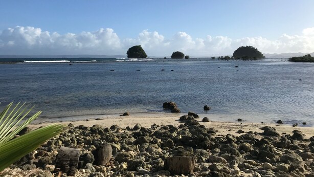 A beach with rocky terrain and calm waters. - Oasis Resthouse (San Agustin)