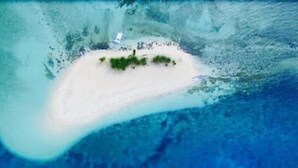 An aerial view of a small island with a white sandy beach and sparse vegetation.