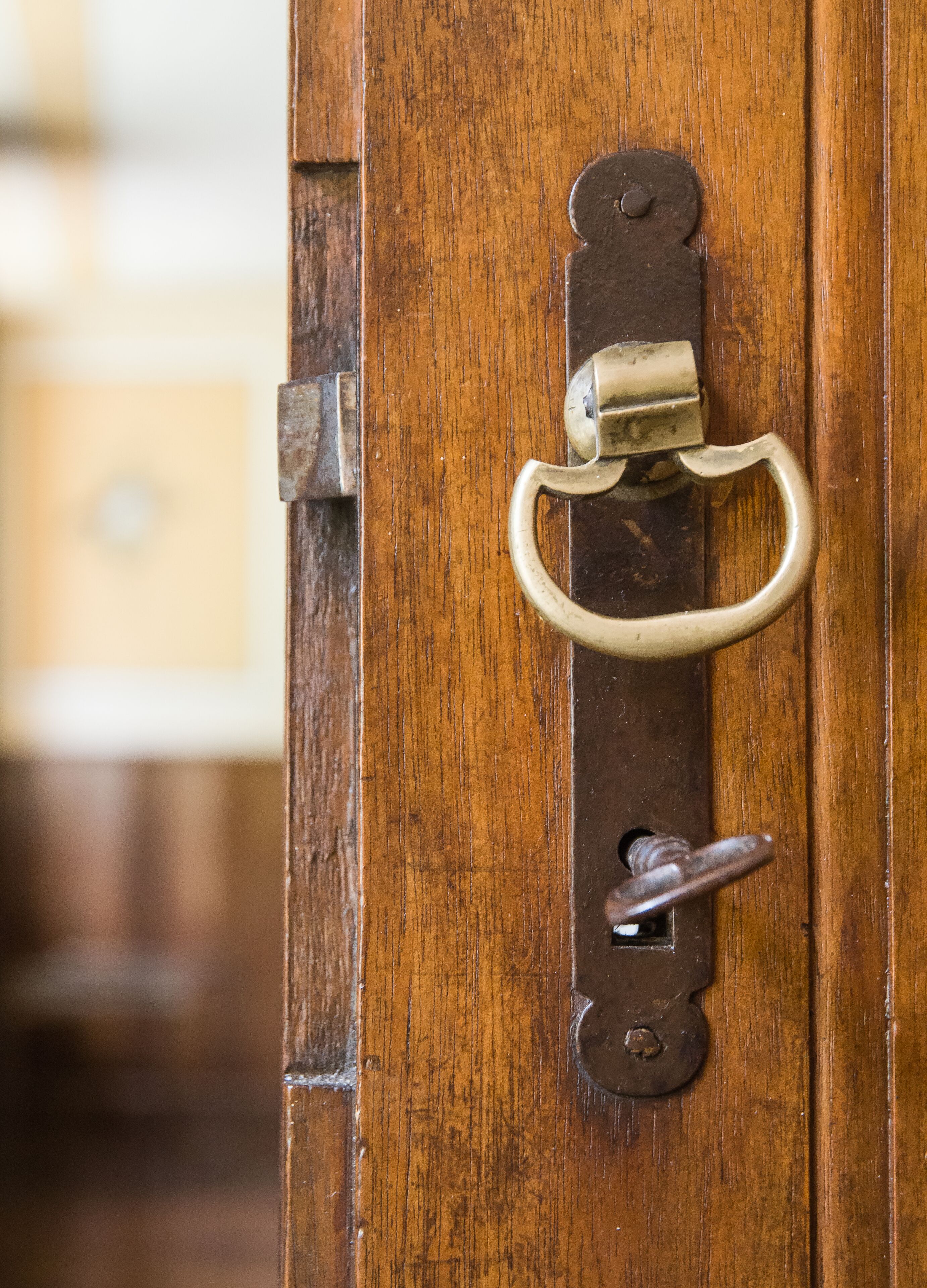 A wooden door with a brass latch and a keyhole.