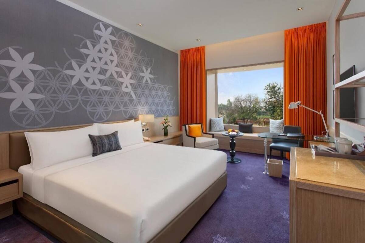 A hotel room with a large bed, a desk, a chair, a sofa, a TV, and a window with curtains.