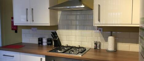 Full-size fridge, microwave, oven, stovetop