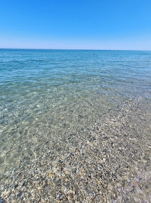 A clear view of a pebble beach with calm water and a clear sky.