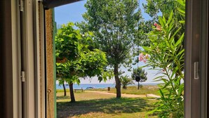 A view from a window overlooking a grassy area with trees and a bench, leading to a beach. - Pinea Mare (Poggio-Mezzana)