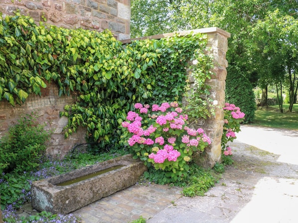 A stone wall with green ivy and pink flowers, a stone planter, and a paved path.