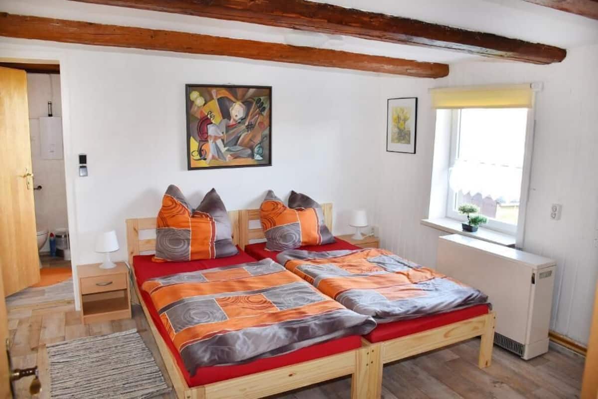 A bedroom with two beds, wooden headboards, a radiator, a window with a view, and a painting on the wall.