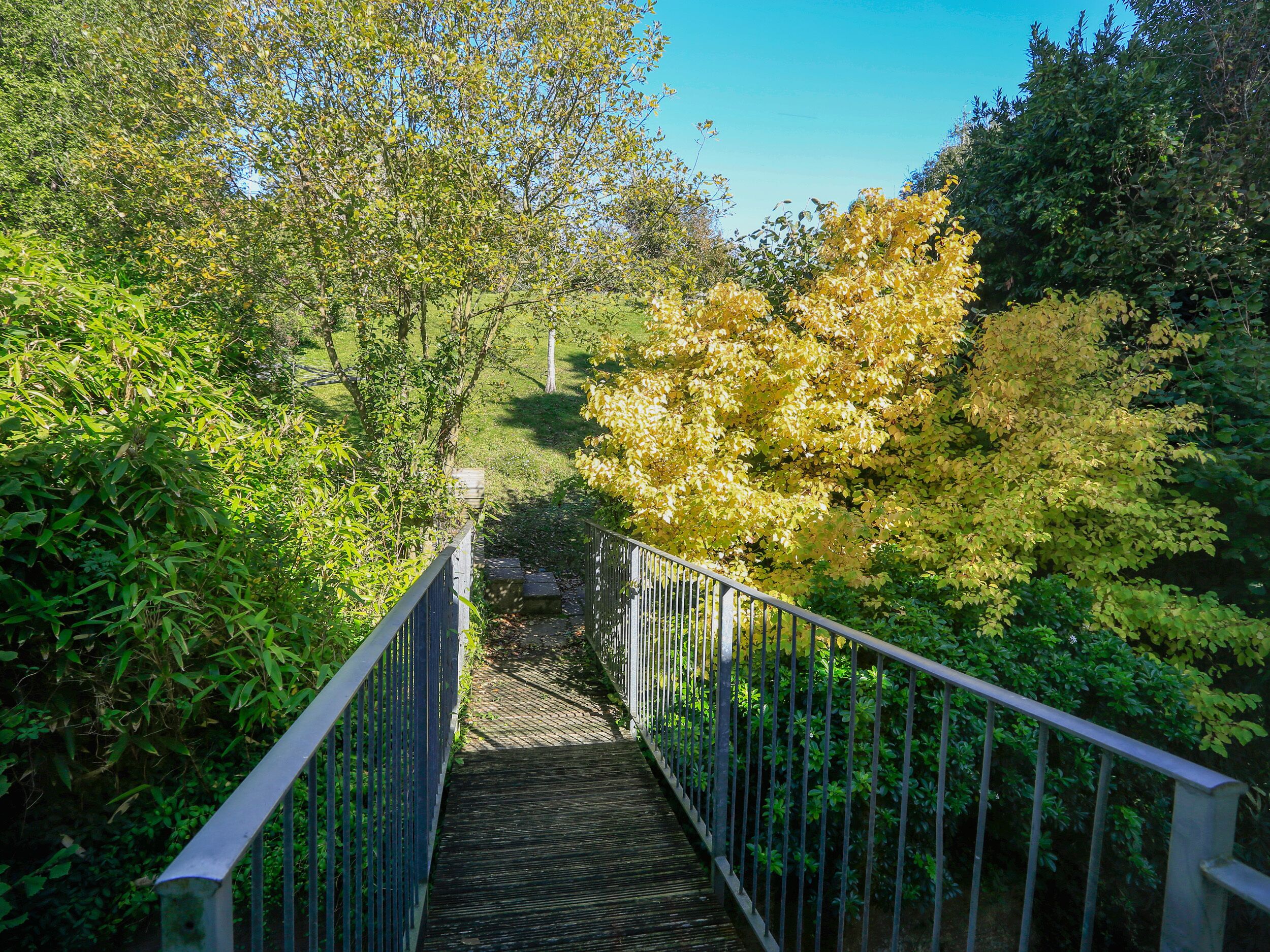 Un sentier en bois, bordé de rampes métalliques, traverse une zone boisée.