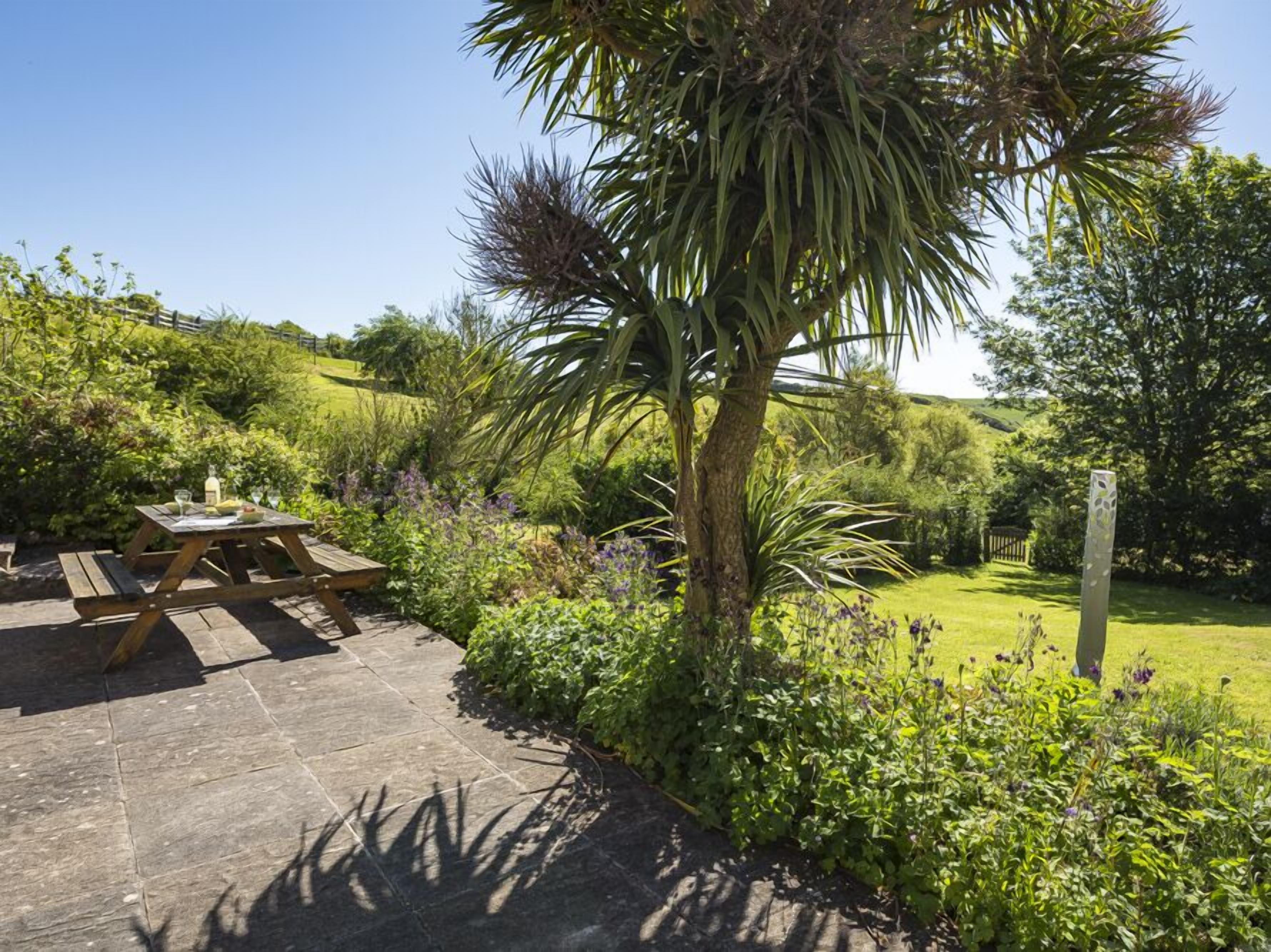 A garden with a wooden picnic table, a palm tree, and various plants.