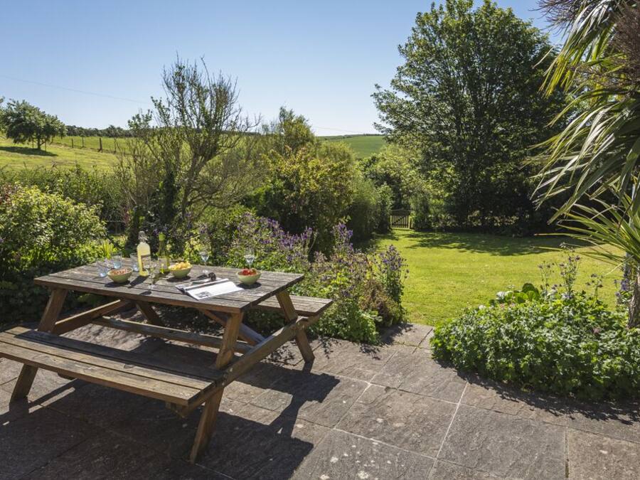 Une table de pique-nique en bois installée à l’extérieur, avec une pelouse et des arbres en arrière-plan.