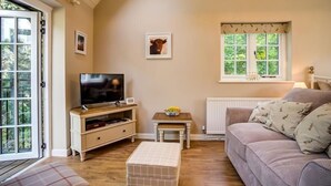 Een gezellige woonkamer met een televisie, houten meubels, een raam met uitzicht op groen en een radiator.