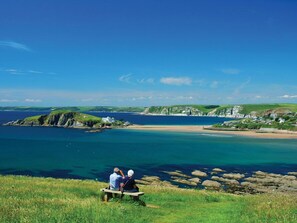 A coastal landscape with a clear view of the sea, grassy areas, and rocky outcrops. - Rosemary Cottage (Kingsbridge)