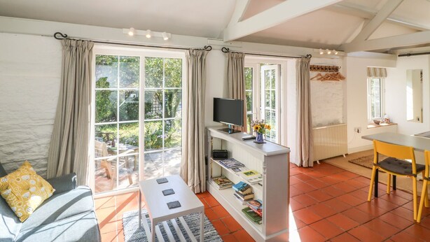 A bright living room with a large window, a television, and a bookshelf. - The Daffodil Shed (Yelverton)