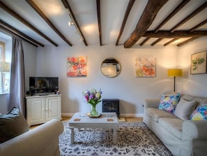 Cozy living area with a fireplace, television, and comfortable seating.
