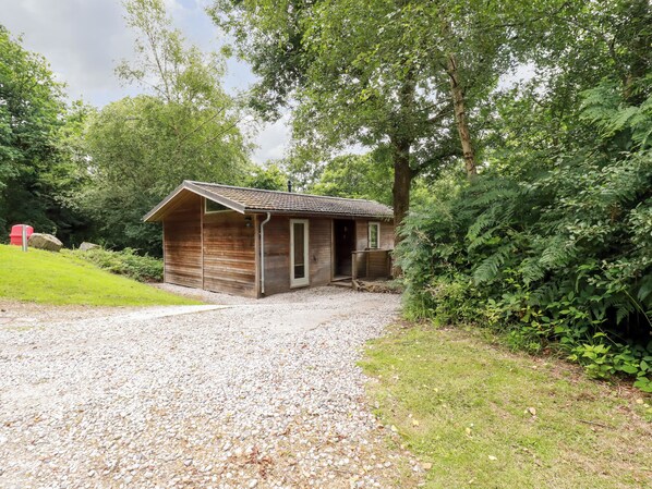 Situated in a lush environment, this cabin features a sloped roof and a sheltered porch entrance.