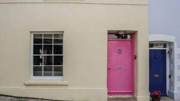 A building with a pink door and a blue door, a window, and a small potted plant on the ground.