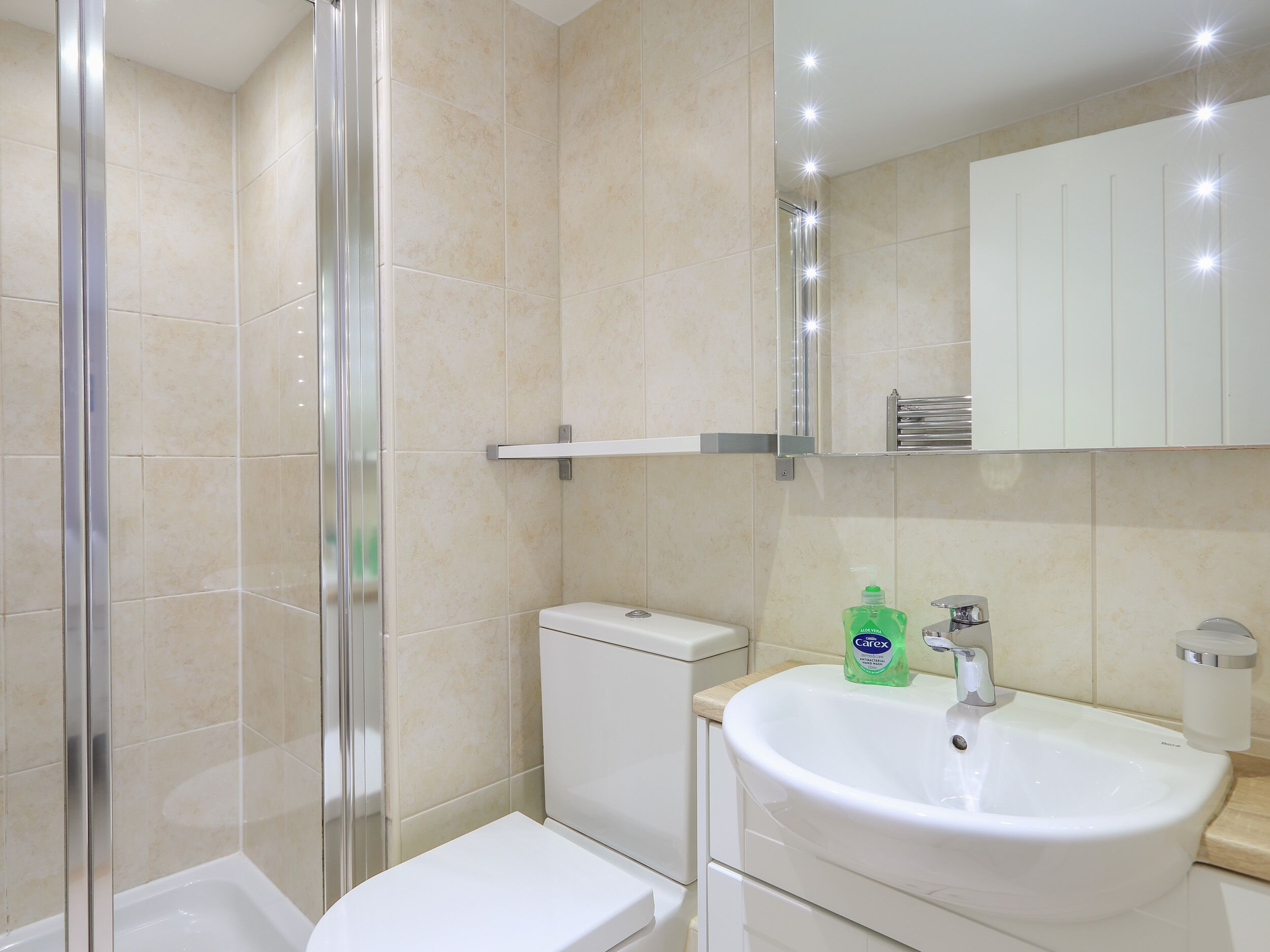 A modern bathroom with a glass shower enclosure, a white toilet, a sink with a mirror above, and a shelf with toiletries.