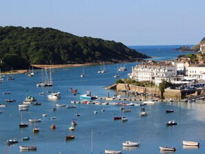 A coastal town with numerous boats docked in a marina, surrounded by lush greenery and buildings.