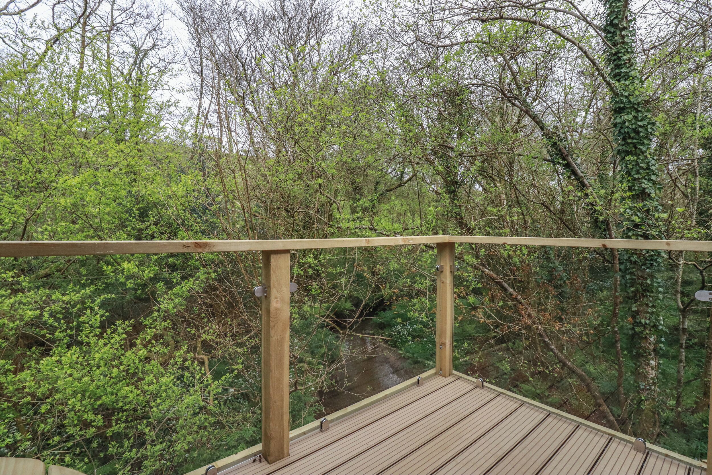 Une terrasse en bois, dotée d’une balustrade, qui offre une vue sur une forêt dense et un ruisseau.
