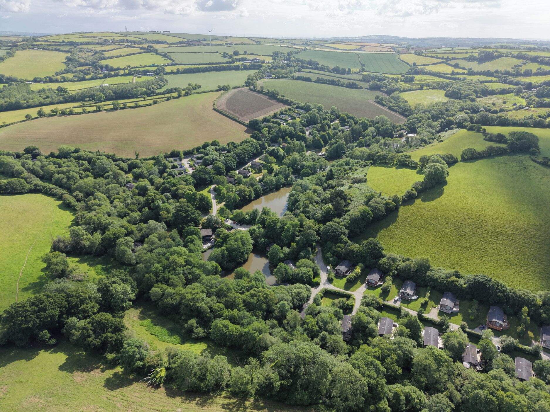 A rural landscape with a cluster of houses surrounded by dense greenery and fields.