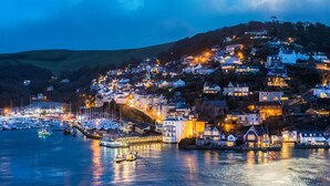 A coastal town at night with houses on a hillside, a marina with boats, and a large illuminated building. - Harbour Heights (Dartmouth)