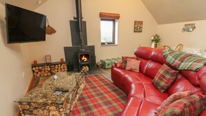 Ein gemütliches Wohnzimmer mit Kamin, einem roten Ledersofa, einem karierten Teppich und einem flachbildfernseher an der Wand.