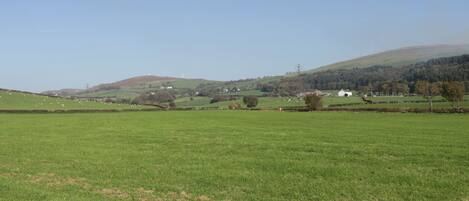 A rural landscape with a large open field, a wooden post, and distant hills.