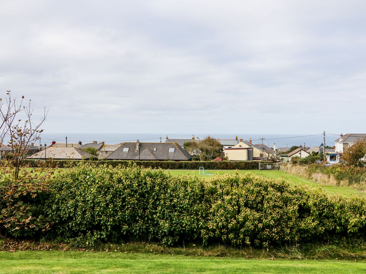 Zona residencial con casas, un seto y vista al mar.